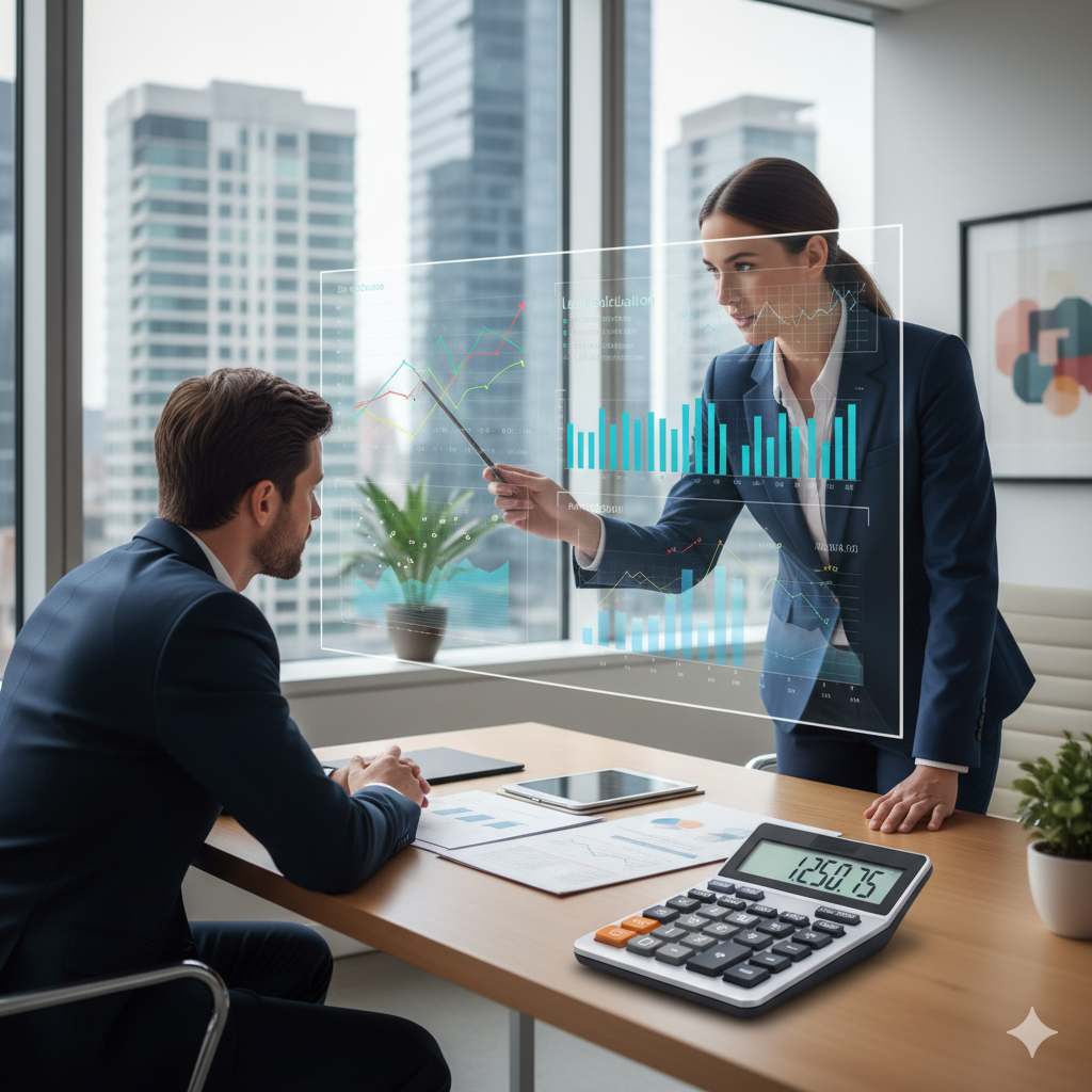 Professional financial advisor showing loan calculation charts and graphs to a client, with calculator and documents on a modern desk, bright office setting, photorealistic style